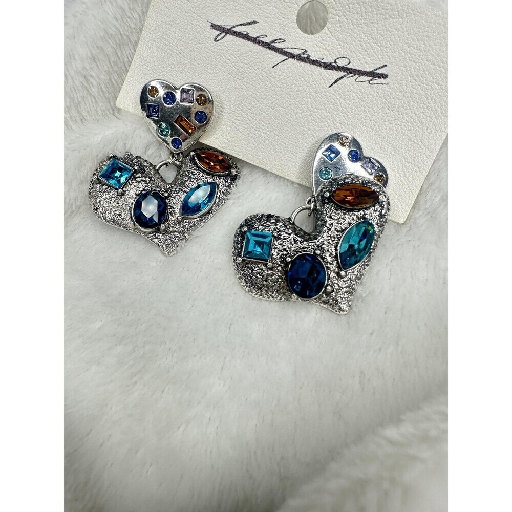 NEW Free People My Everything Silver Heart Dangle Earrings Blue Gemstone Boho - Picture 2 of 4